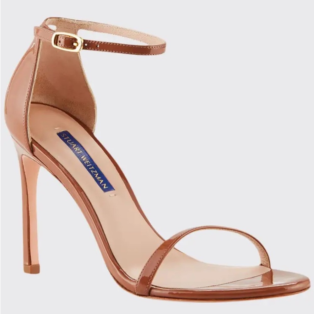 Stuart Weitzman nudistsong patent leather heels in tan, size 40/9